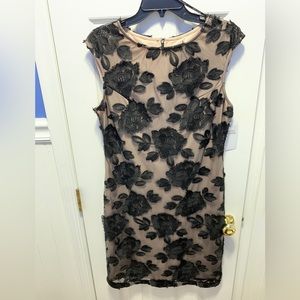 Donna Ricco Sheath Dress Black Floral Embroidered  Lace Mesh Overlay Cap Sleeves